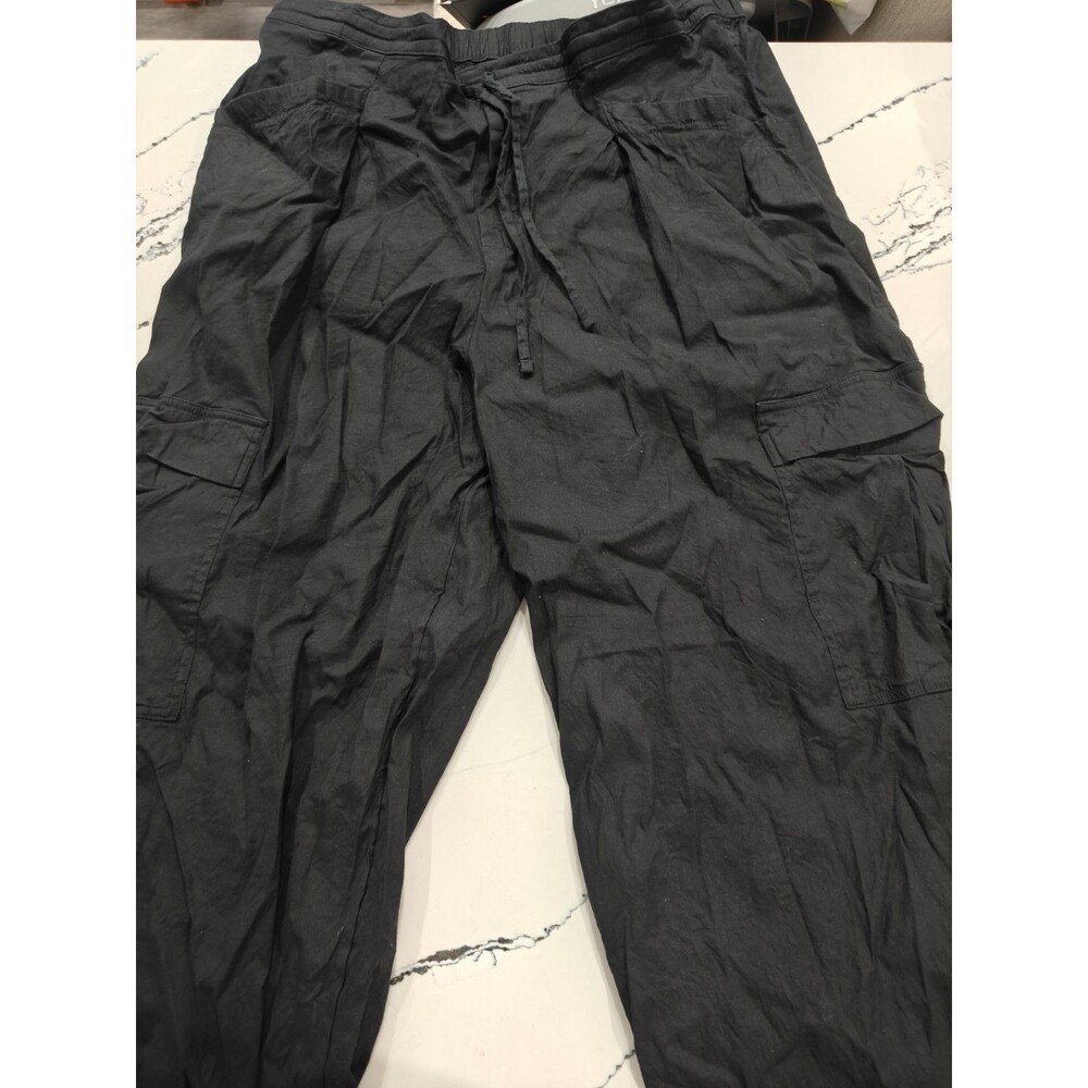 Athleta Pants Womens Size Large Black Wide Leg Linen Blend Pull On Cargo Pockets